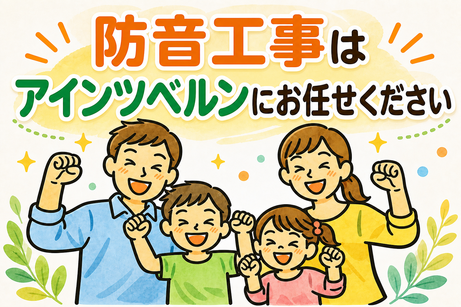 沖縄の防音工事や窓まわり外壁補修は合同会社アインツベルンにお任せくださいという案内イラスト