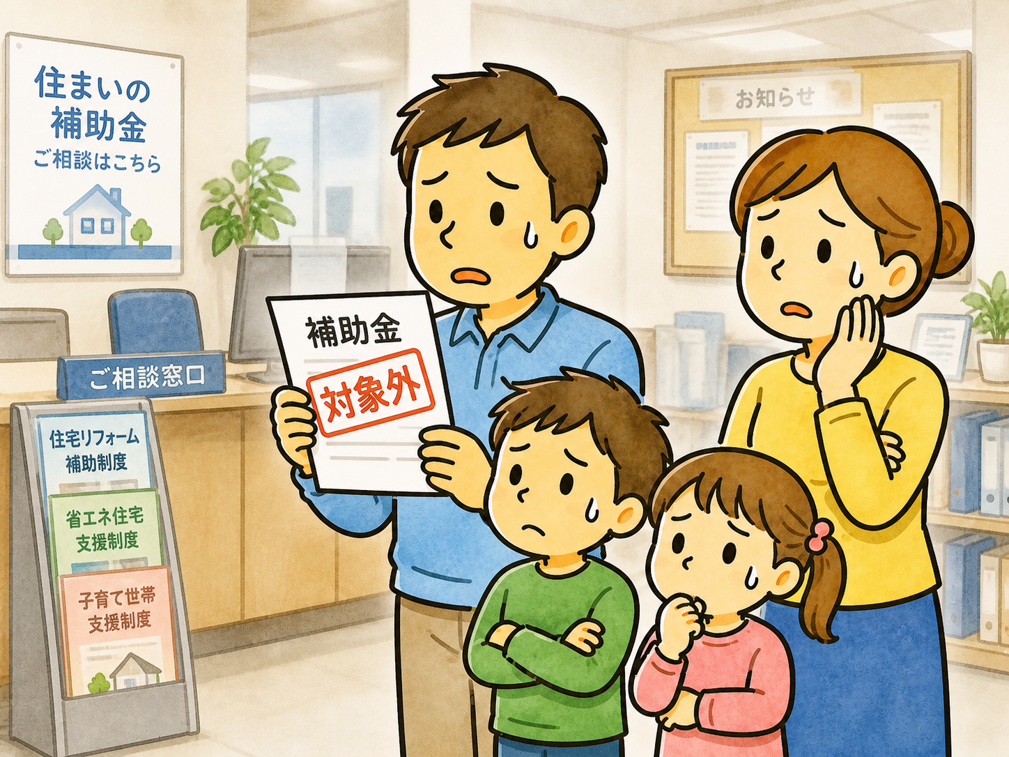 沖縄の防音工事で補助金の対象外となる可能性に不安を感じる家族のイラスト
