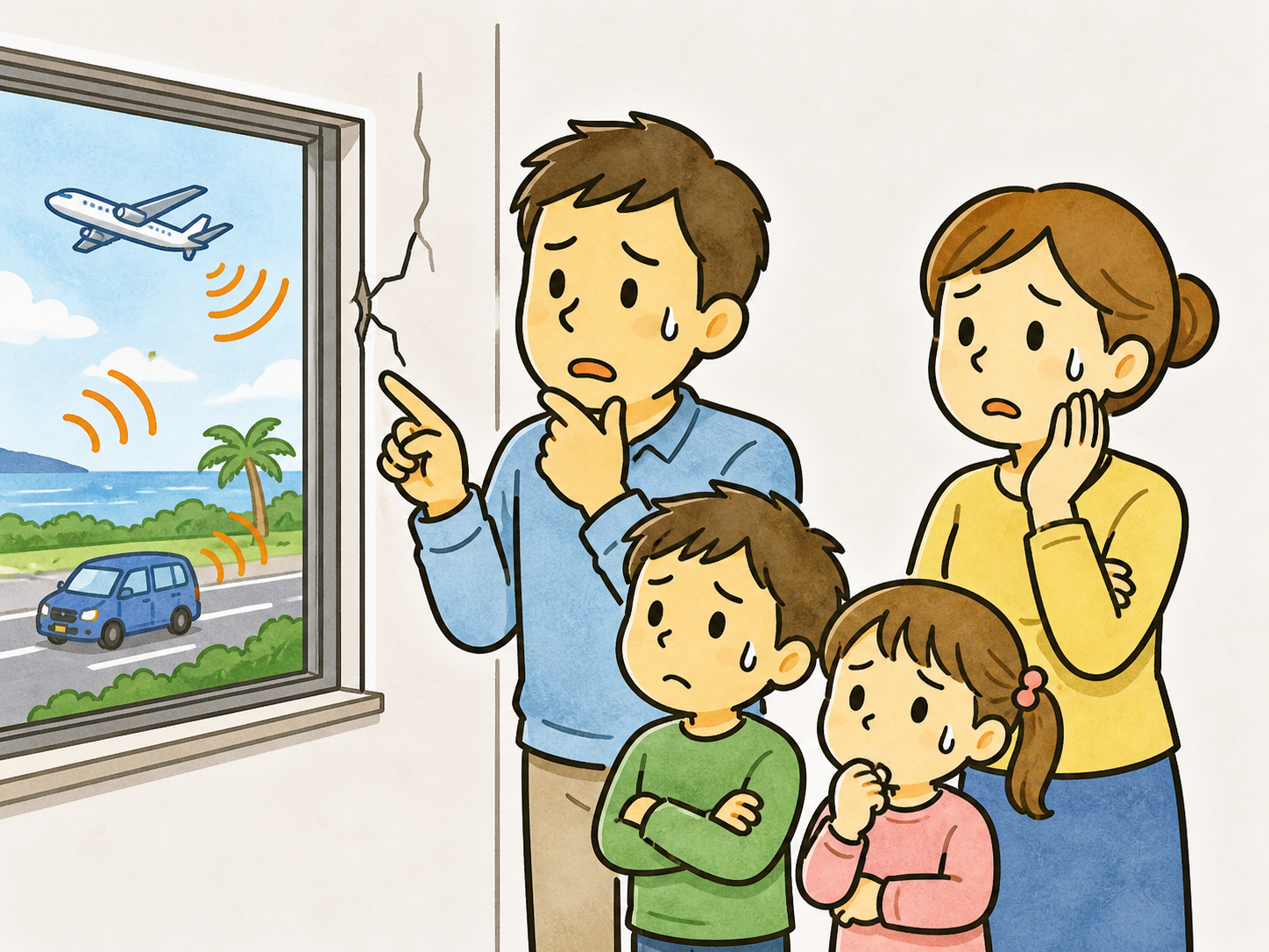 沖縄の防音工事で起こりやすい騒音や窓まわりのクラックトラブルに悩む家族のイラスト
